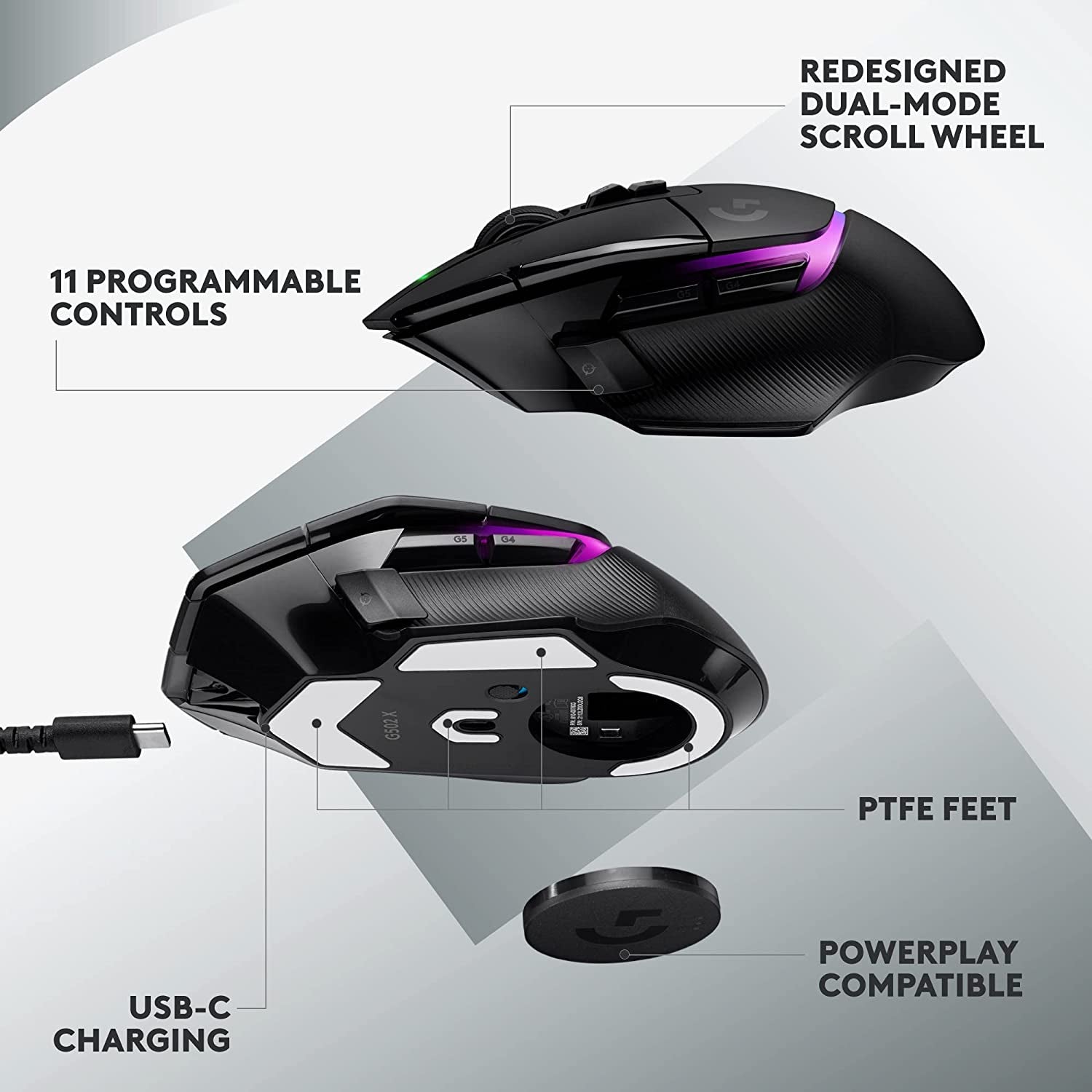 502 X plus LIGHTSPEED Wireless RGB Gaming Mouse - Black - LIGHTFORCE Hybrid Switches, LIGHTSYNC RGB, HERO 25K Gaming Sensor, Compatible with PC